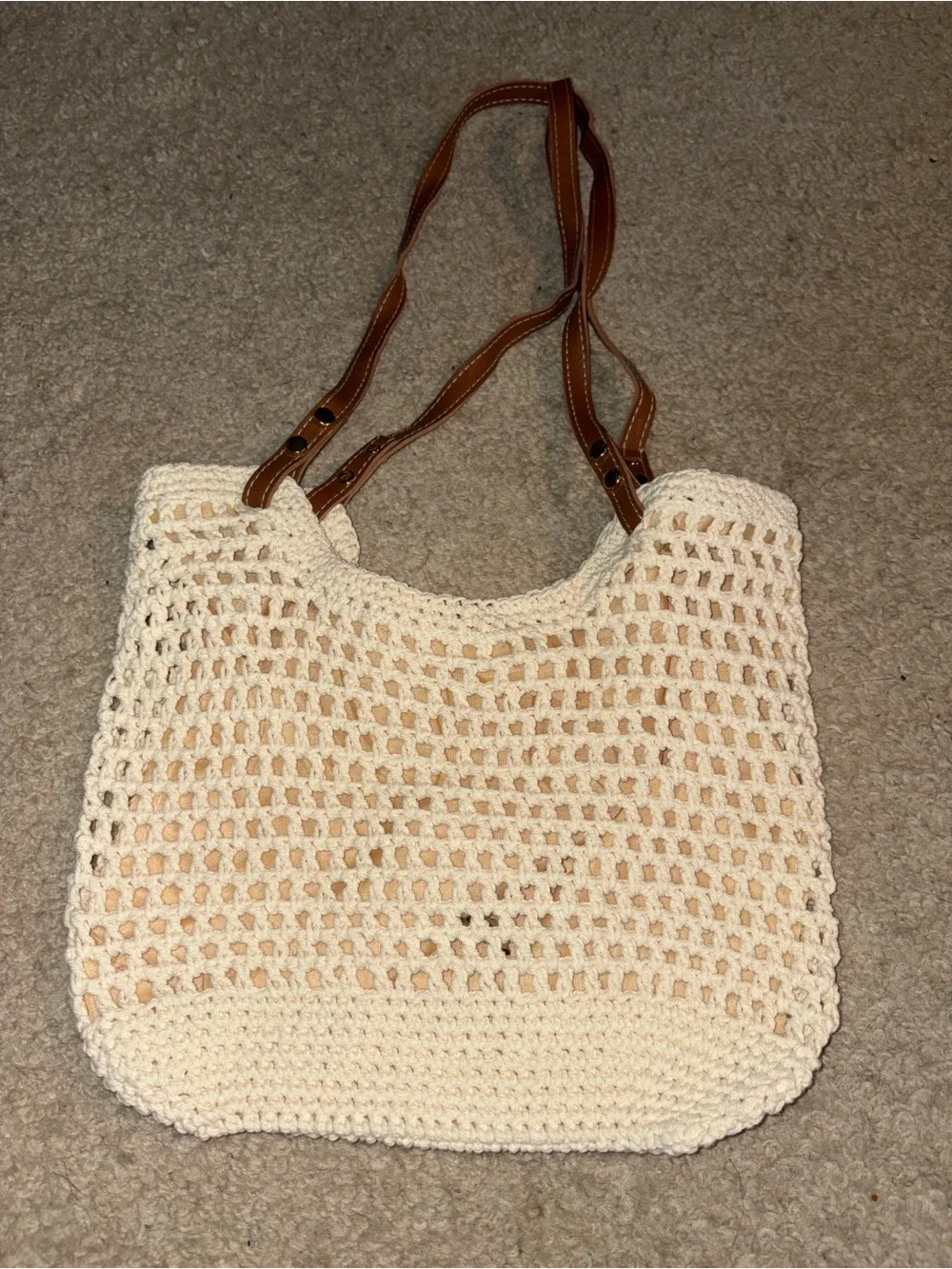 Cream Crochet Tote with Tan Shoulder Straps - Everyday Bag